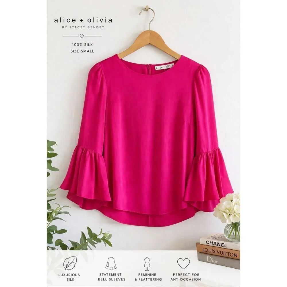 Alice + Olivia Silk Blouse Pink Bell Sleeve Ruffle Top Flowy Dressy Women’s SZ S